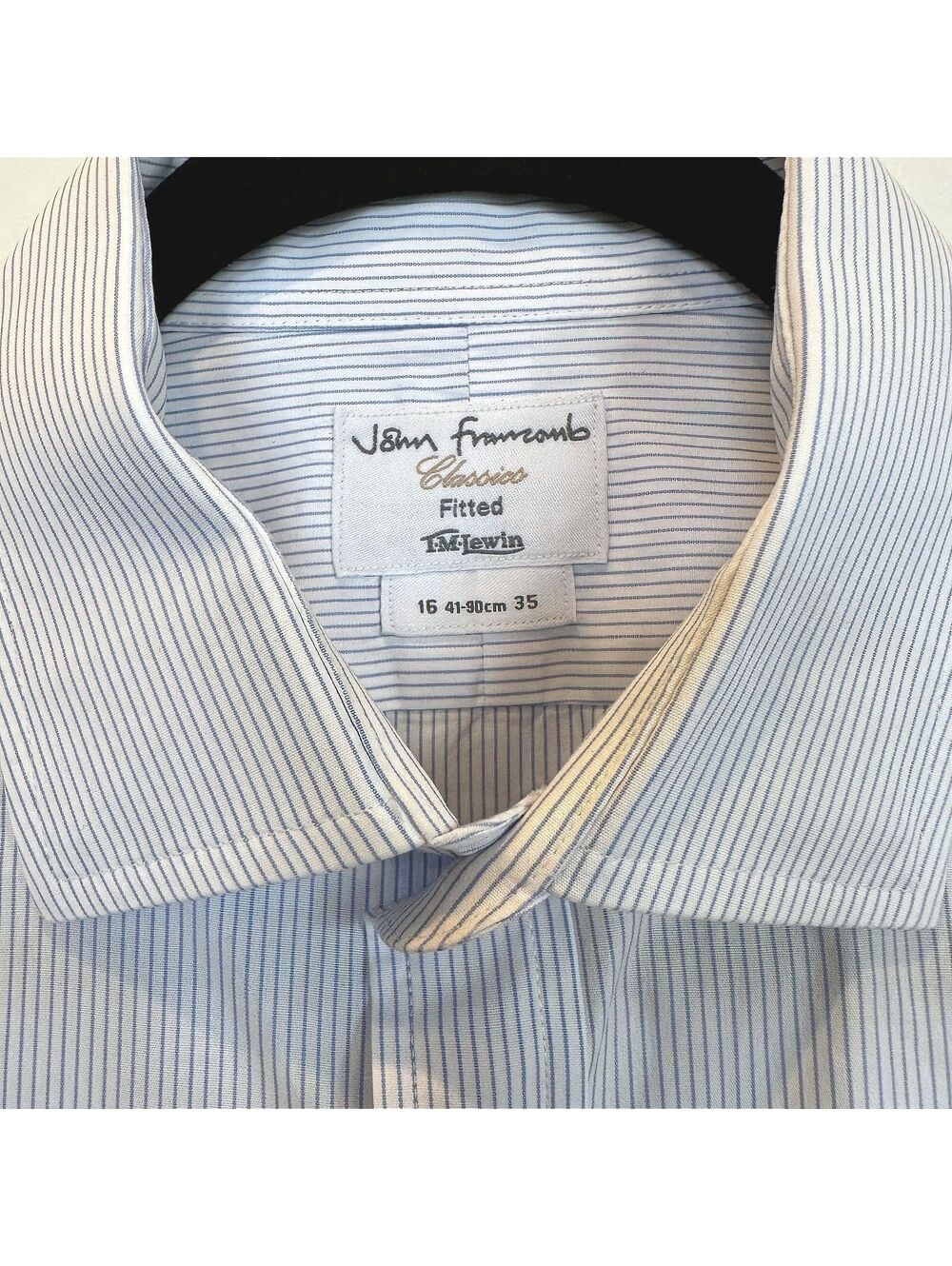 T.M. Lewin John Francomb Classic Dress Shirt 16 35 White Blue Stripe French Cuff